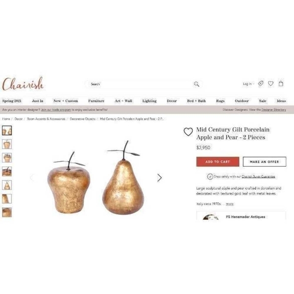 Vintage Italian Gold Porcelain Pear Figurine Large 1970s Mid Century Modern - Picture 5 of 6